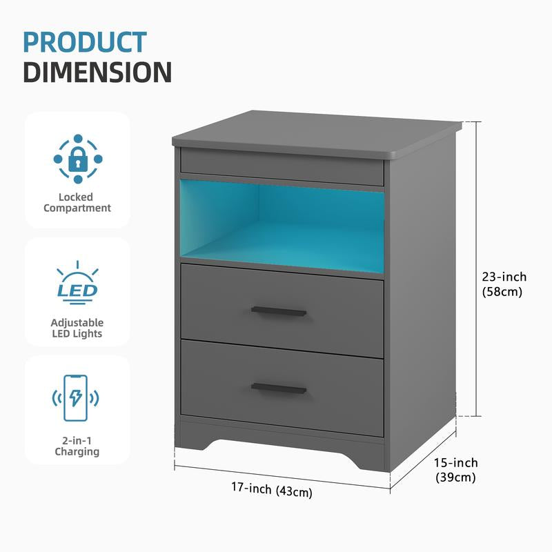Smart Nightstand with RFID Lock, LED Lights & USB Ports – Modern Design